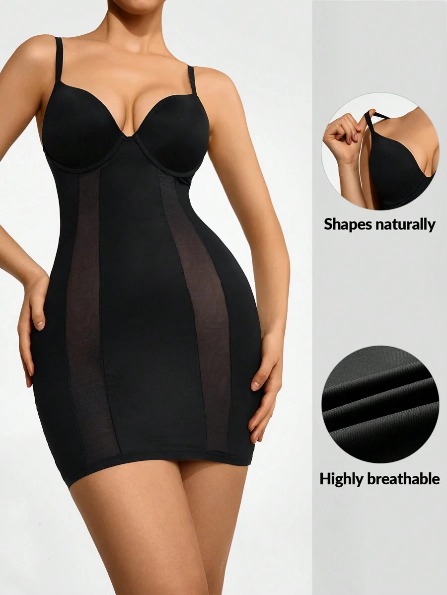 SHAPORA Contrast Mesh Underwire Shapewear Cami Dress - Black - View 1