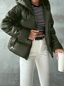 EURMUSE Women's Hooded Padded Jacket - Dark Green - View 4