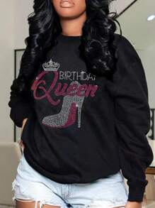 INAWLY Women's Rhinestone Decor Printed Sweatshirt - Black - View 1