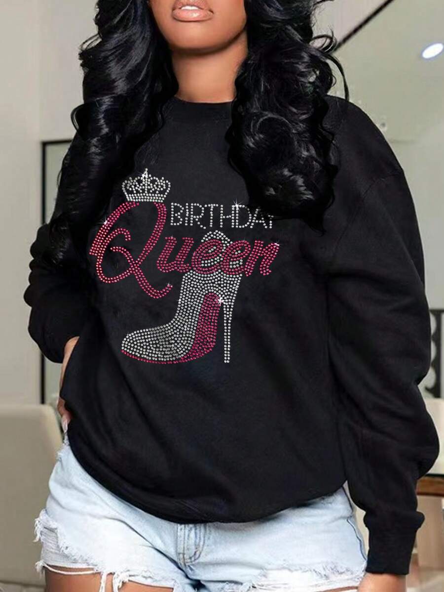 INAWLY Women's Rhinestone Decor Printed Sweatshirt - Black - View 1