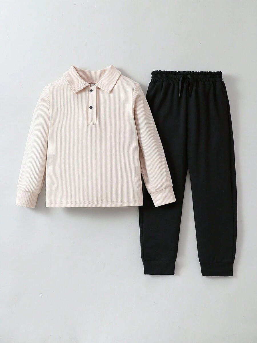 SHEIN 2 cái/bộ Bé trai Giải trí Màu thuần Cổ áo có gân Áo polo Và Quần Quần áo thể thao Đối với Mùa thu đông - Nhiều màu - Xem 1