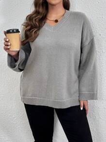 SHEIN LUNE Kích thước lớn Áo len Với Mở Bên Và Cổ chữ V Thiết kế - Xám - Xem 4