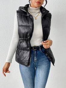 SHEIN Frenchy Women's Drawstring Waist Padded Vest Coat - Black - View 5