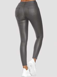 Apperloth A High Waist Slant Pocket PU Leather Skinny Pants - Dark Grey - View 2