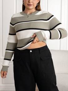 SHEIN EZwear Hơn Mẫu sọc Curved Hem Áo len - Nhiều màu - Xem 3