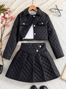 SHEIN Tween Girl Flap Detail Quilted Jacket & Skirt - Black - View 4