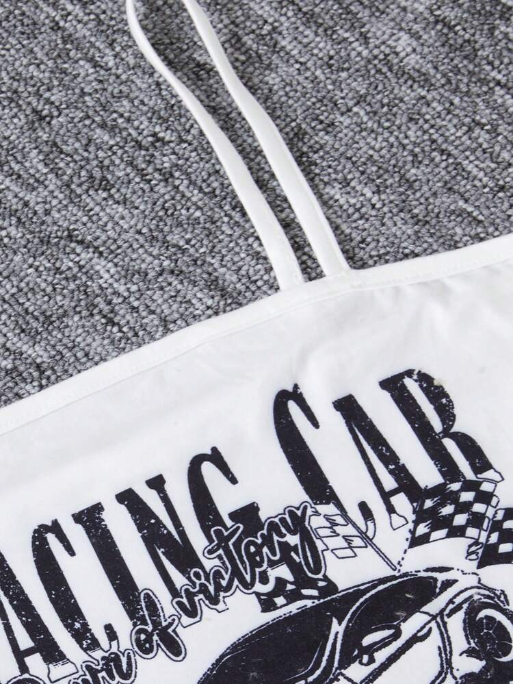 Teenage Girls' 3pcs/set Car & Letter Printed Cami Top, Jeans And Plush Coat Set