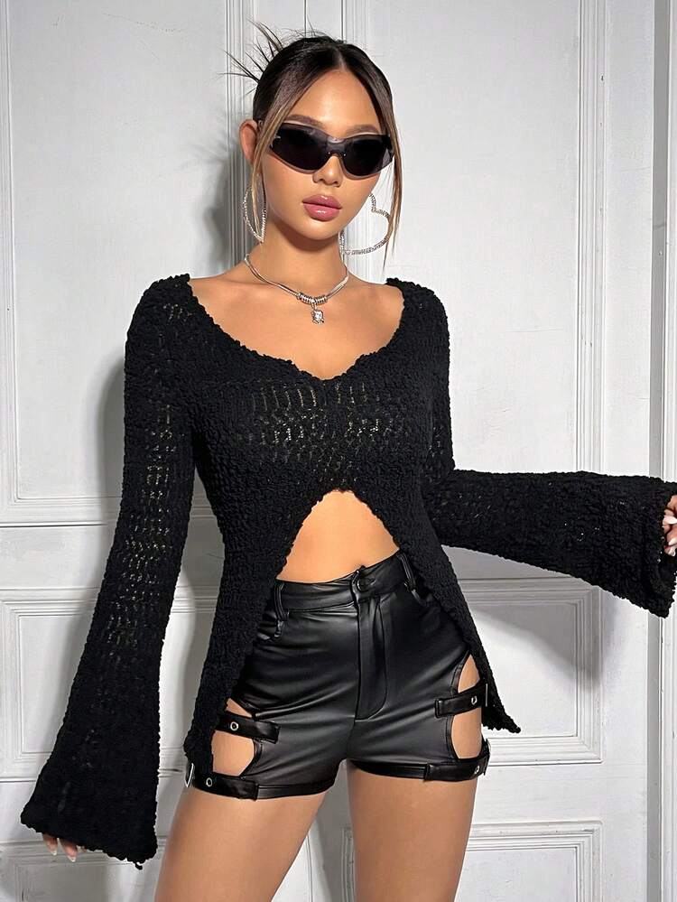 Split Hem Trumpet Sleeve Sweater