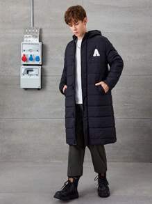 SHEIN 青少年男孩字母拼接拉链连帽棉服外套 - 棕色 - 查看 7