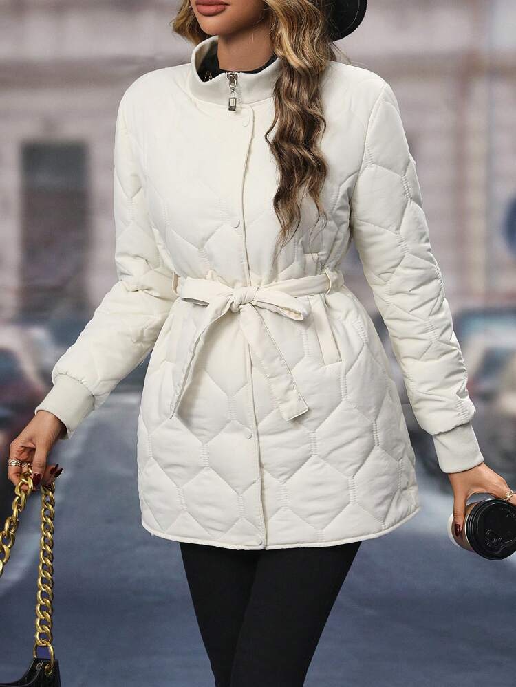 Slant Pockets Belted Quilted Padded Coat Clothes Winter