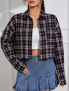 SHEIN EZwear Plaid Print Drop Shoulder Shirt - Multicolor - View 3