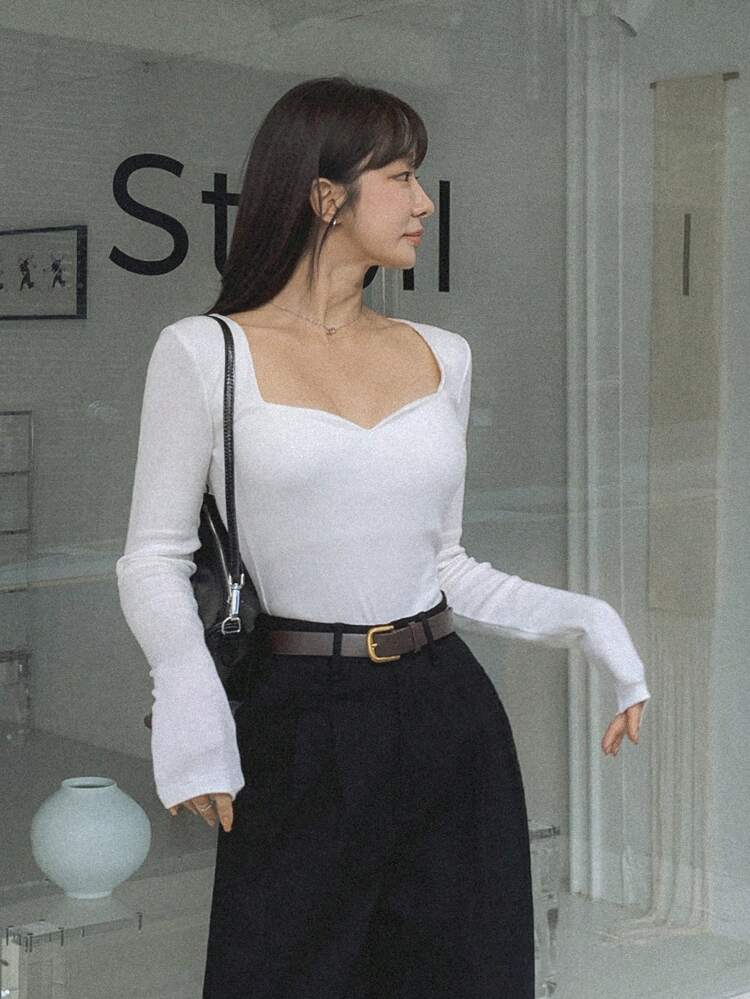 Rhinestone-Embellished Collar Long Sleeve Women's T-Shirt,Back To School Clothes,Fall Women Clothes