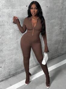 Slaydiva 2 件套女式拉链长袖紧身喇叭袖上衣和超长喇叭腿罗纹裤，棕色 - 棕色 - 查看 6