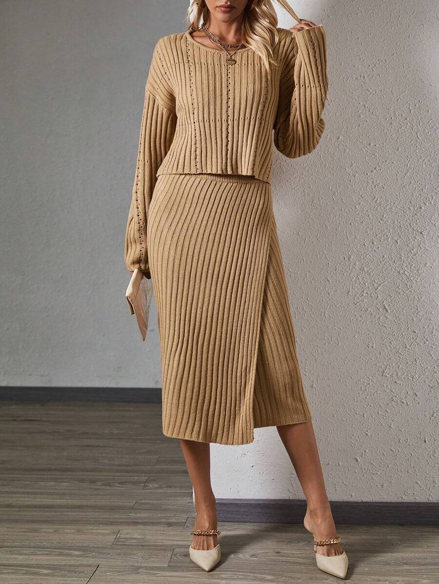 SHEIN Clasi Thả vai Áo len & Bọc Váy dệt kim - Màu Khaki - Xem 1