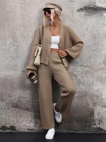 SHEIN LUNE Cárdigan de hombros caídos con pantalones tejidos - Camel - Ver 3