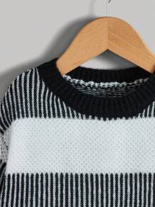 SHEIN 男小童條紋圖案套頭毛衣 - 黑色 - 查看 4