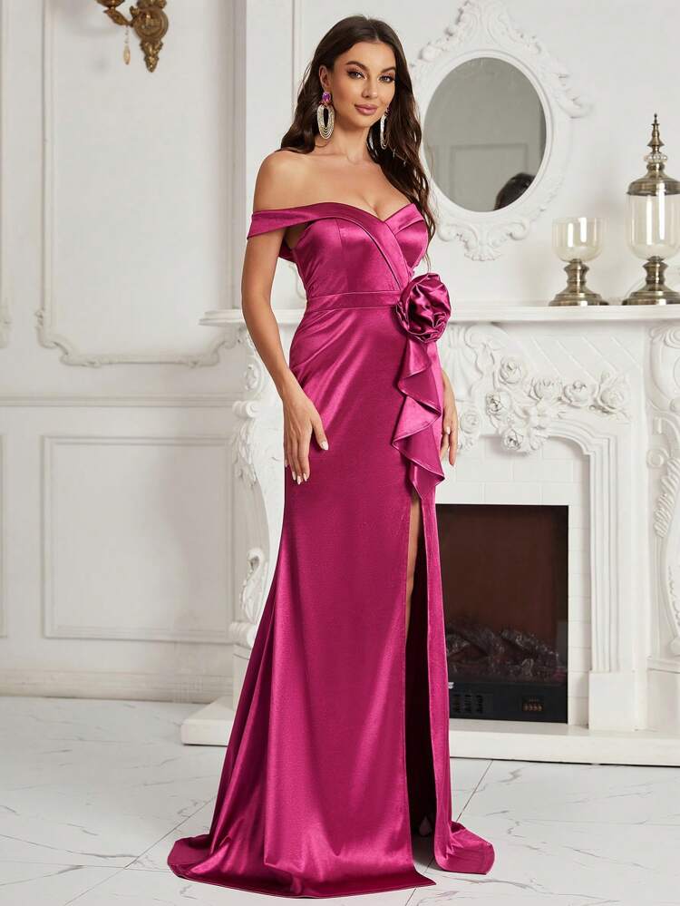 Off Shoulder Ruffle Trim Split Thigh Formal Dress