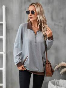 SHEIN LUNE Contrast Trim Raglan Sleeve Zipper Front Sweatshirt - Multicolor - View 4