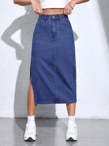 SHEIN PETITE Tách đùi Váy Denim - Rửa tối - Xem 4