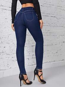 SHEIN Privé Floral Embroidery Detail Top-stitching Skinny Jeans - Dark Wash - View 6