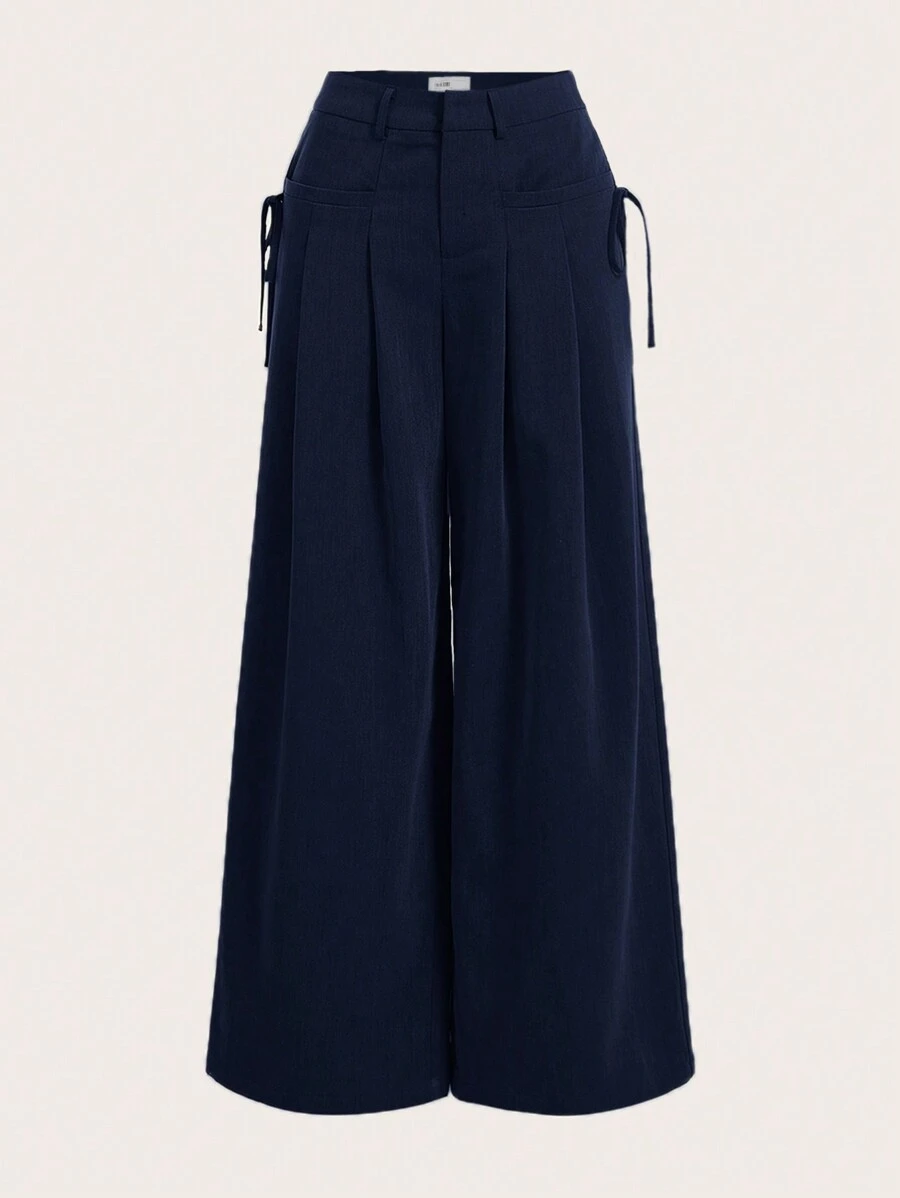 SHEIN EZwear Solid Knot Side Suit Pants - Navy Blue - View 1