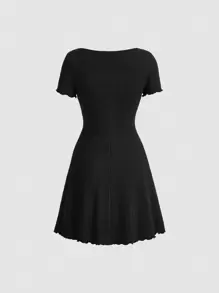 SHEIN MOD Solid Tie Front Lettuce Trim Dress - Black - View 2