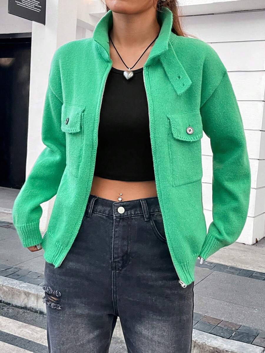 SHEIN Essnce Flap Pocket Drop Shoulder Zip Up Cardigan - Green - View 1