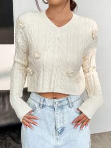 Flirla 花朵装饰麻花针织长袖套头衫秋冬毛衣 - 白色 - 查看 1