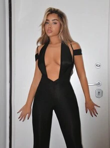 SHEIN ICON Deep V-neck Halter Skinny Jumpsuit - Black - View 5