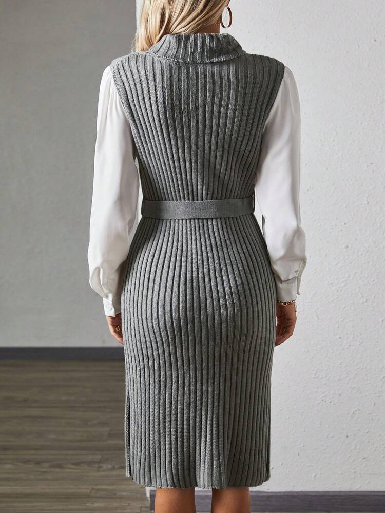 Colorblock Turtleneck Belted Sweater Dress