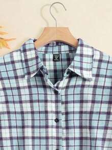 Calvaya Kích thước lớn Của phụ nữ Kẻ sọc Thả vai Áo sơ mi - Màu xanh lam - Xem 3