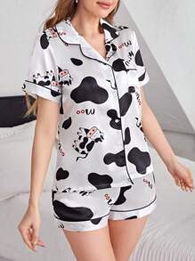 奶牛印花撞色滚边缎面睡衣套装 / 睡衣套装 - 黑與白 - 查看 5