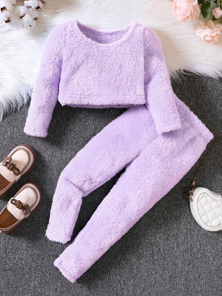 SHEIN 幼兒女童毛絨二件套裝 - 紫色 - 查看 1