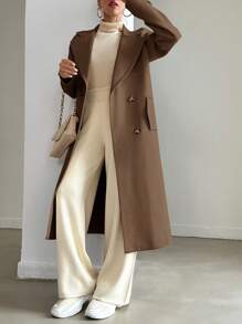 EURMUSE Ladies' Solid Color Double Breasted Woolen Coat With Lapel Collar - Brown - View 6