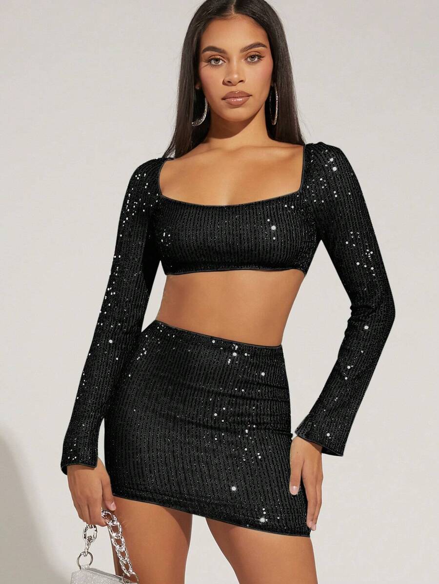 SHEIN BAE 女用黑色閃光短款兩件套適合夜總會派對 - 黑色 - 查看 1