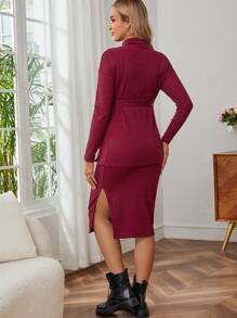 SHEIN Maternity Belted Top And Split Hem Nursing Skirt Set, For Winter - Burgundy - View 2