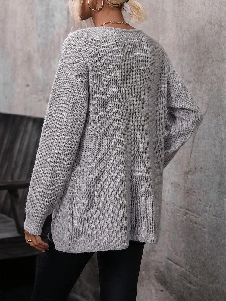 Wrap Cross Drop Shoulder Asymmetrical Hem Knit Pullover Fall Winter Sweater