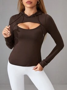 SHEIN Daily&Casual 女式帶抽繩的運動衫,中空設計 - 咖啡棕 - 查看 5