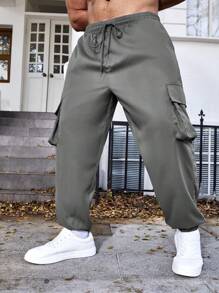 Manfinity Homme Men's Plus Size Drawstring Waist Cargo Pants With Pockets - Dark Grey - View 6