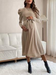 SHEIN Thai sản Bong bóng Tay áo Đồ đan Ribbed Thắt lưng Đầm Midi - Màu Khaki - Xem 4