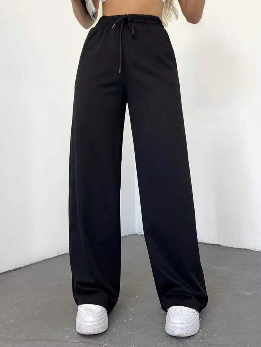 EURMUSE Solid Drawstring Waist Sweatpants - Black - View 1