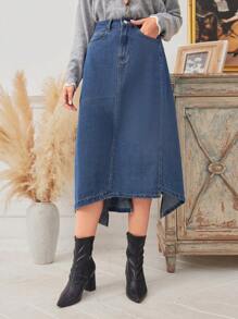 SHEIN LUNE 高腰不對稱下擺牛仔半身裙 - 中等水洗藍 - 查看 5