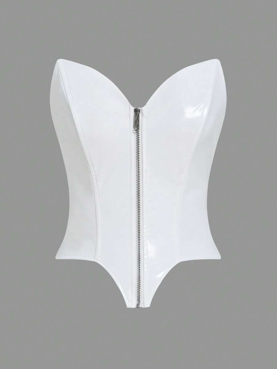 SHEIN ICON Top tubo de cuero sintético con cremallera delantera - Blanco - Ver 1