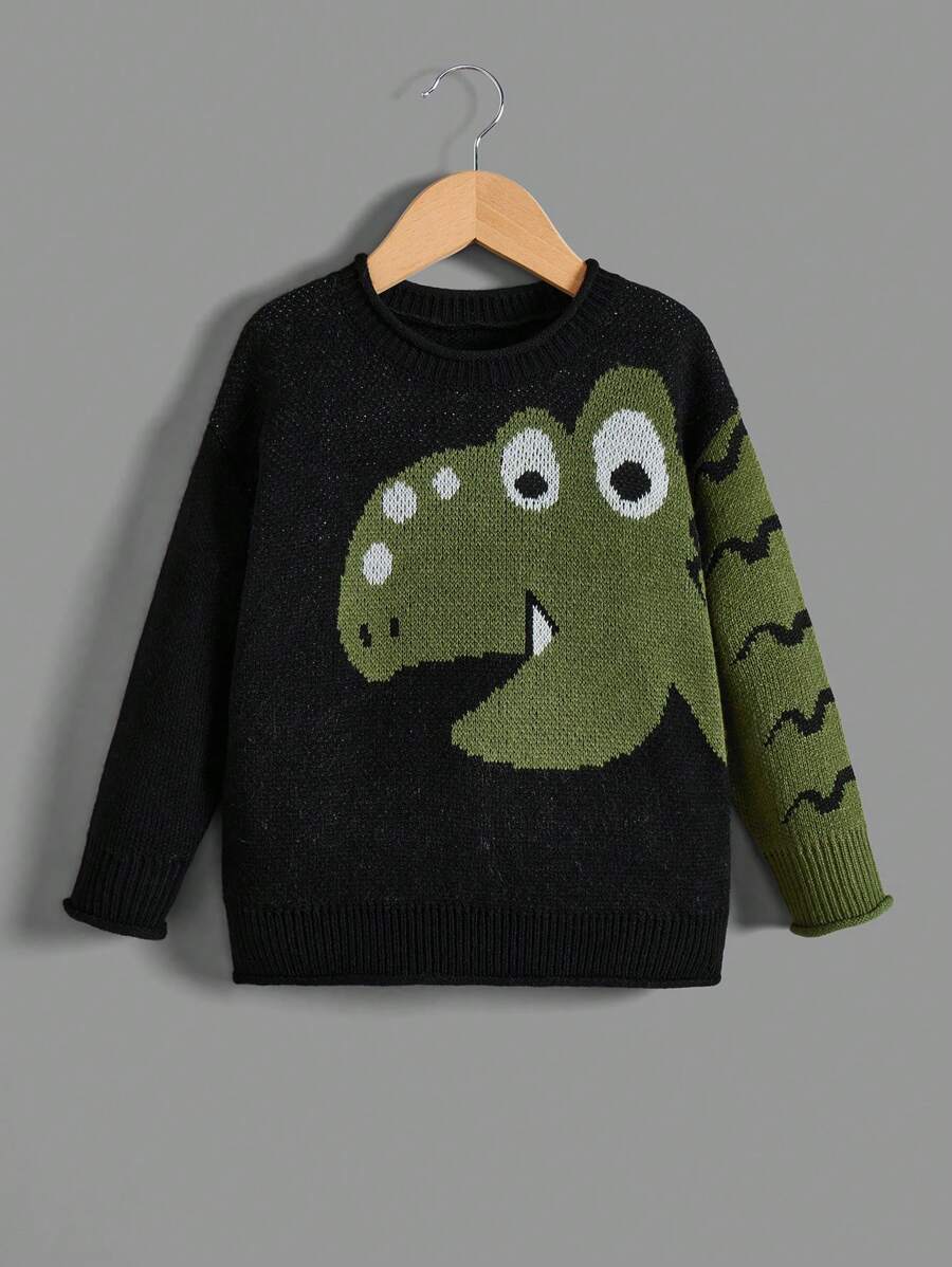 SHEIN Young Boy Cartoon Crocodile Pattern Drop Shoulder Sweater - Black - View 1