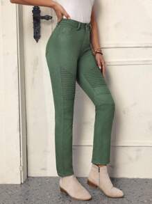SHEIN LUNE Solid Color Skinny Jeans - Green - View 4