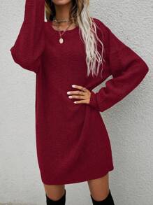 SHEIN LUNE Solid Drop Shoulder Sweater Dress - Burgundy - View 1