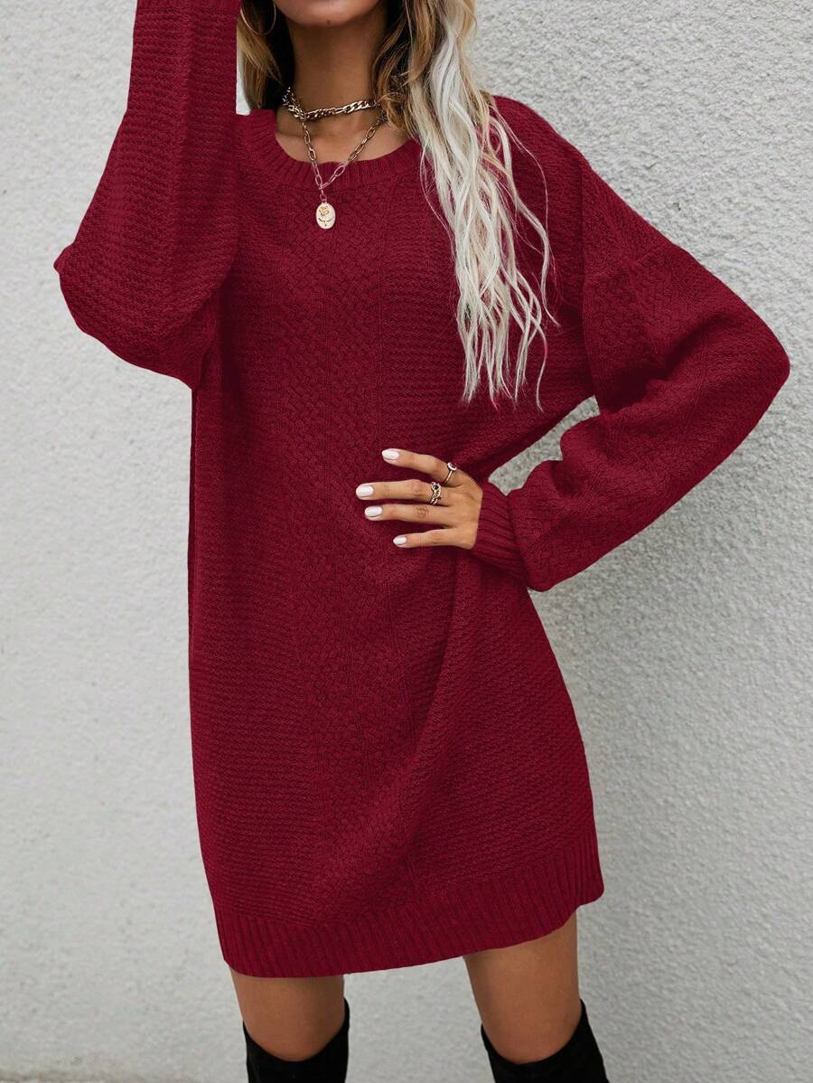 SHEIN LUNE Solid Drop Shoulder Sweater Dress - Burgundy - View 1
