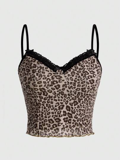 Grunge Punk Gyaru Leopard Print Contrast Lace Camisole Top, School