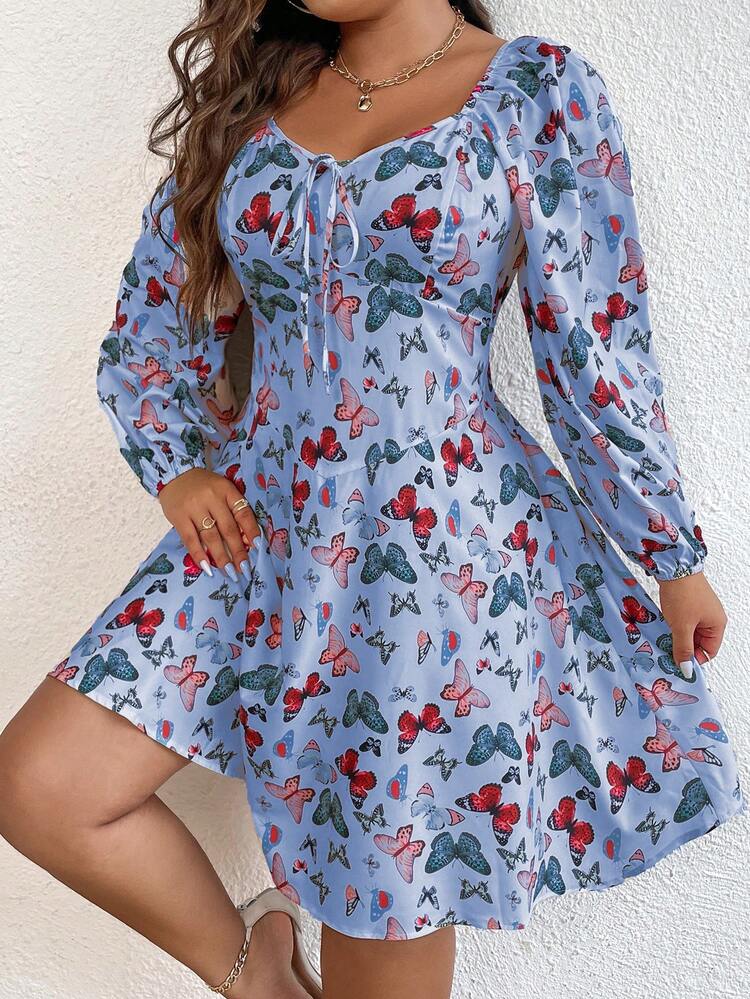Plus Butterfly Print Knot Front Lantern Sleeve Dress