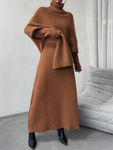 SHEIN Essnce 高領蝙蝠袖寬鬆毛衣和裙子套裝 - 鏽棕色 - 查看 6